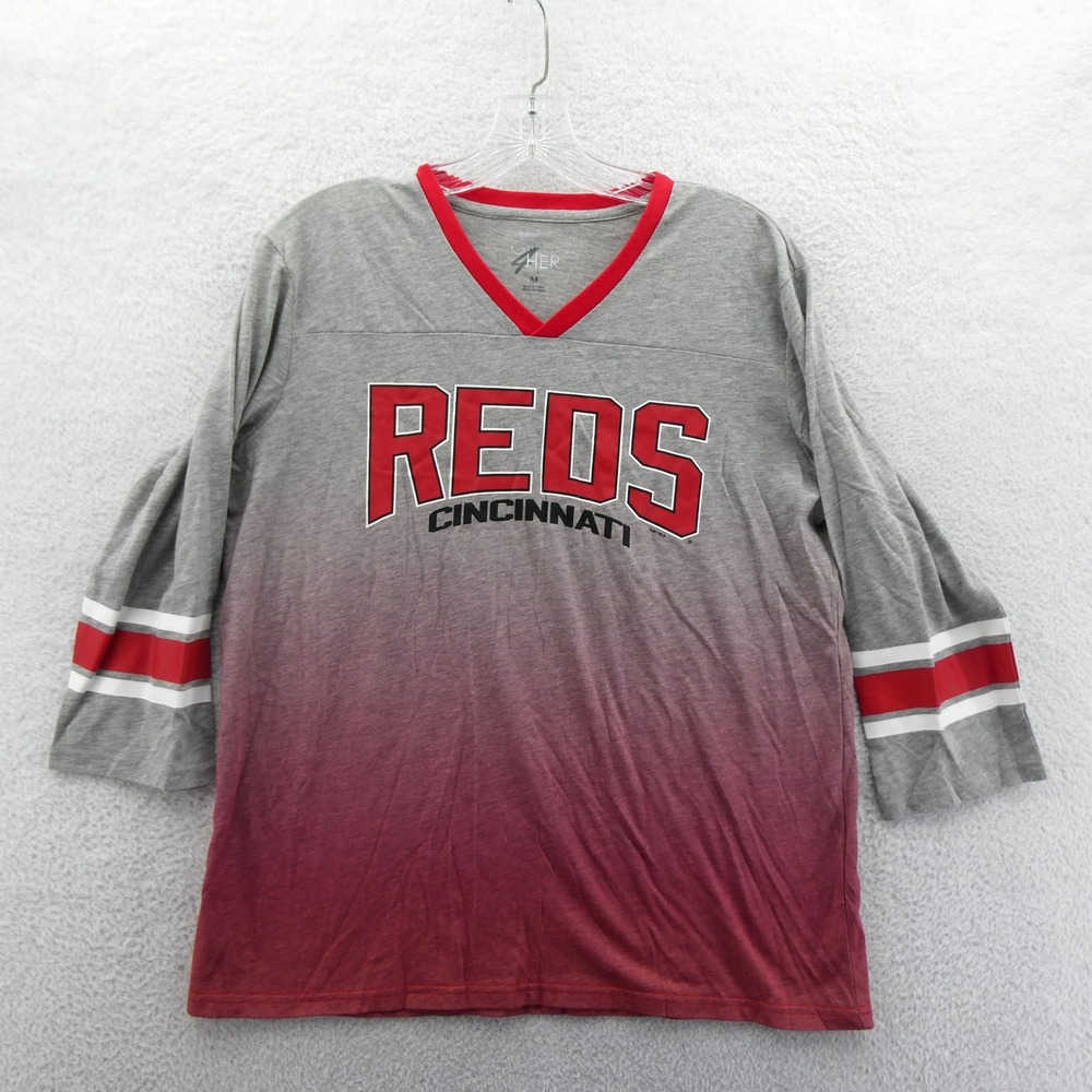 G-III Shirt Women Medium Cincinnati Reds Grey Red Ombre 3/4 Sleeve MLB‎ Fan Gear